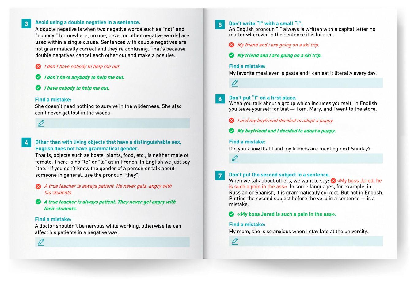 Handbook spread with mistake explanations